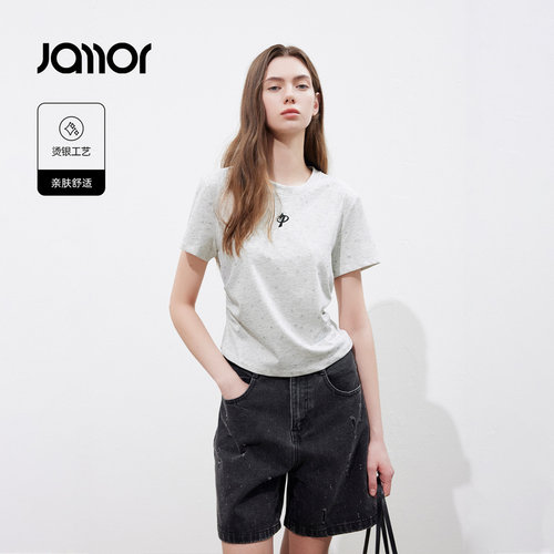 Jamor加墨时尚满天星烫银短袖T恤上衣舒适简约2026夏季新款