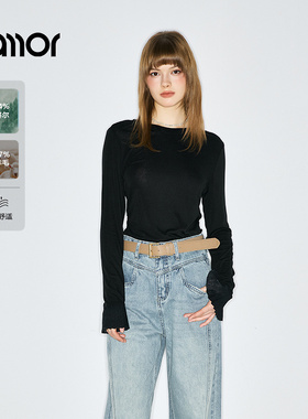 Jamor加墨黑色显瘦长袖T恤上衣袖口荷叶边气质女装2025秋冬新款