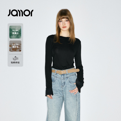 Jamor加墨黑色显瘦长袖T恤上衣袖口荷叶边气质女装2025春秋新款