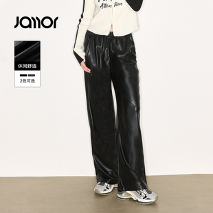 直筒显瘦裤 Jamor加墨简约时尚 子2025秋冬新款 皮质感裤 休闲裤