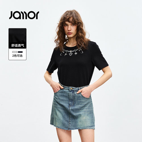 Jamor时尚重工钉珠黑白T恤上衣2026夏季新款简约休闲高级感