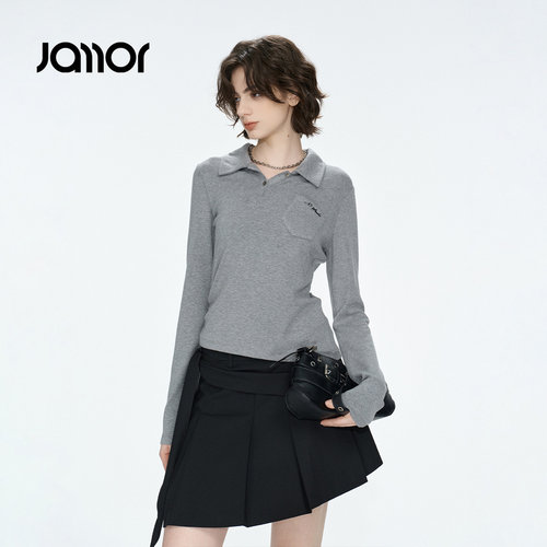 Jamor加墨时尚设计感polo衫小翻领T恤上衣女装潮流2026秋季新款
