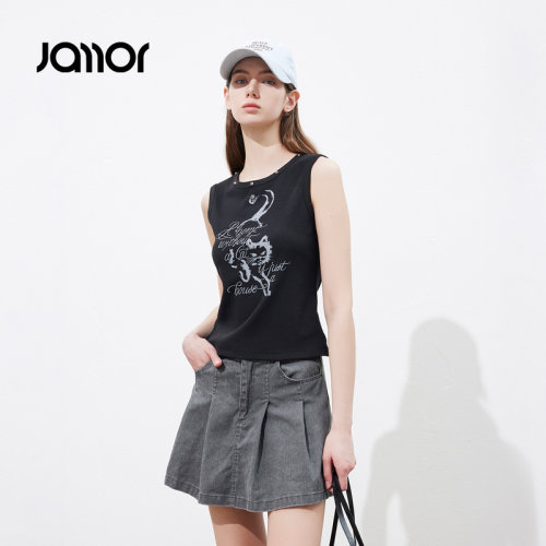 Jamor加墨时尚针织背心铆钉印花上衣休闲简约女装2026夏季新款
