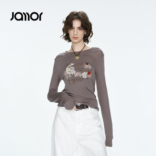 Jamor加墨时尚显瘦长袖T恤上衣舒适印花圆领女装2026秋季新款