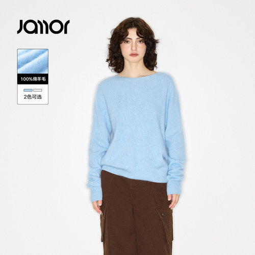 Jamor加墨时尚纯色100%绵羊毛简约针织衫高级毛衣2025秋冬新款女