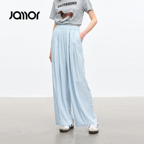 Jamor蓝色薄款休闲阔腿裤子2026夏季新款女装裤