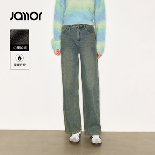 Jamor加墨时尚做旧牛仔裤保暖加绒直筒裤子女装显瘦2025冬季新款
