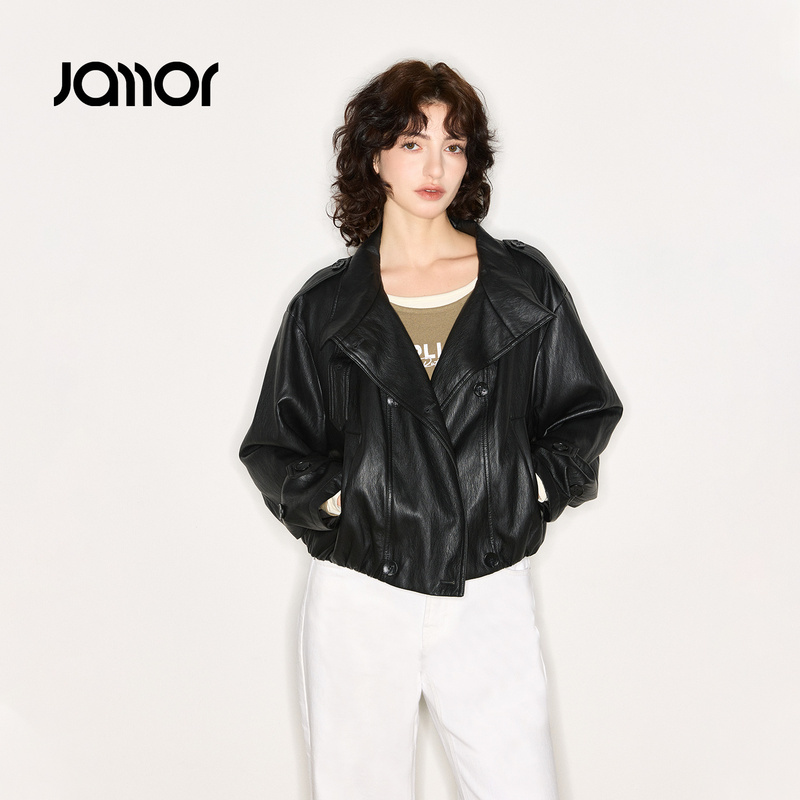Jamor加墨时尚黑色皮质感外套短款帅气潮流上衣2025秋冬季新款