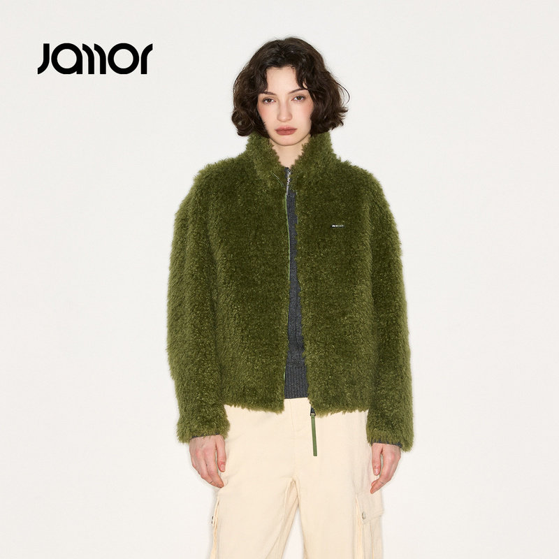 Jamor加墨时尚夹克型毛绒保暖外套可爱拉链休闲上衣女2025冬新款