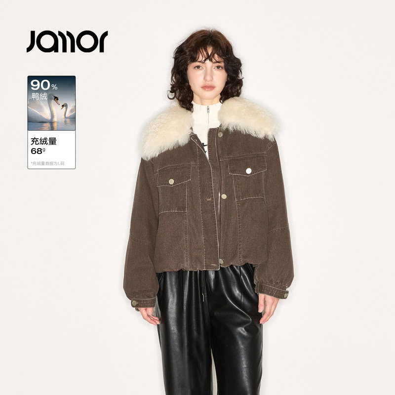 Jamor加墨大毛领牛仔派克羽绒服时尚帅气保暖外套女2025冬季新款