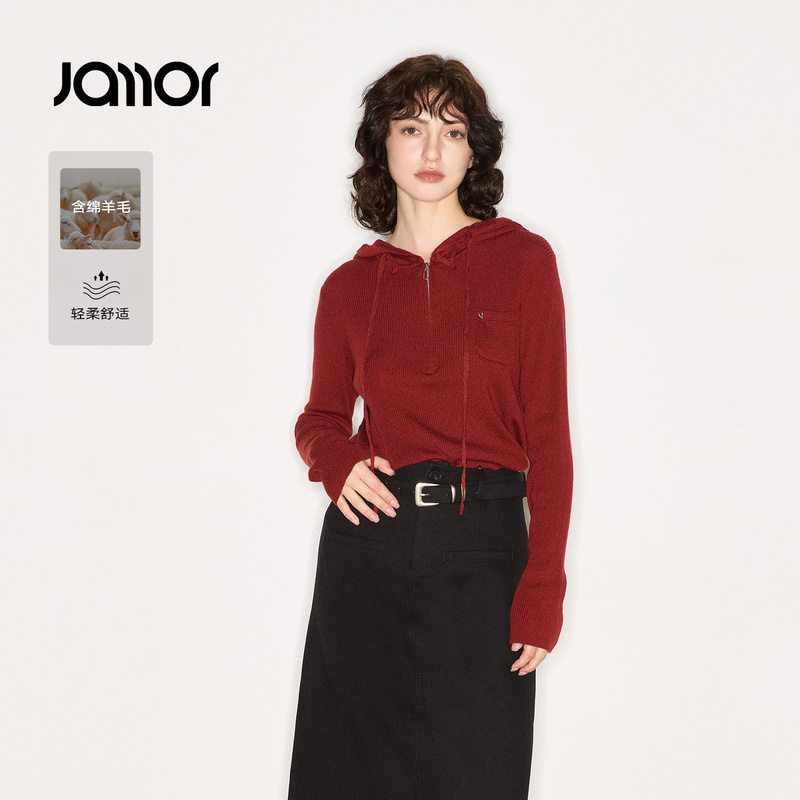 Jamor加墨时尚连帽毛针织衫红色喜庆连帽毛衣半拉链女装2025秋冬