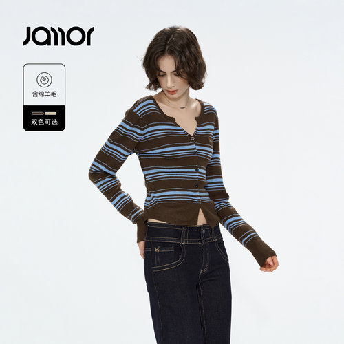 Jamor加墨复古Y2K辣妹风条纹V领修身针织开衫短款显瘦2026冬新款