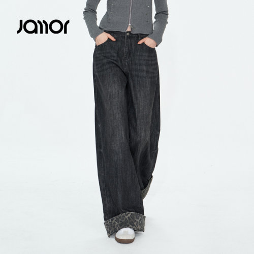 Jamor加墨时尚阔腿牛仔裤翻边豹纹裤子显瘦2026秋季新款女装