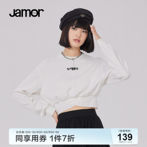 Jamor春夏新款圆领宽松卫衣女时尚百搭印花短款休闲上衣加末