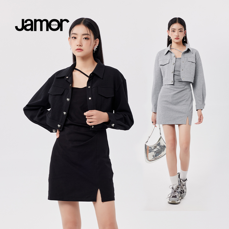 Jamor时尚黑灰两件套女辣妹裙子套装显瘦甜辣风早秋新款女装加末