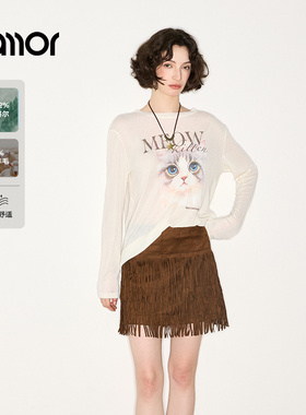 Jamor加墨时尚米白印花猫咪萌宠长袖上衣T恤宽松2025秋冬新款