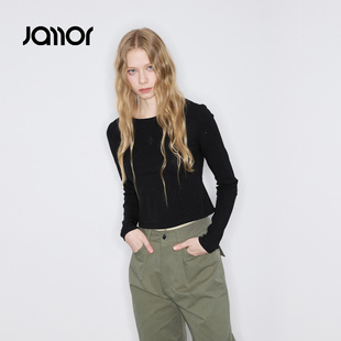 Jamor加墨黑色带亮片上衣T恤时尚简约打底衫2026春季新款