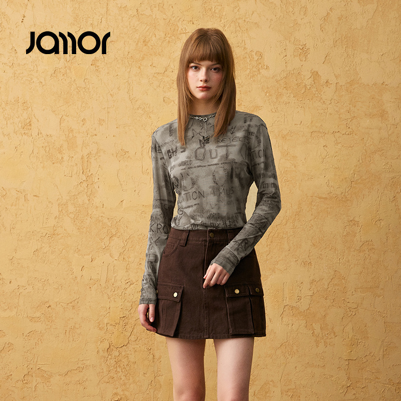 Jamor时尚潮流扎染T恤长袖上衣2025春秋季新款打底衫女装