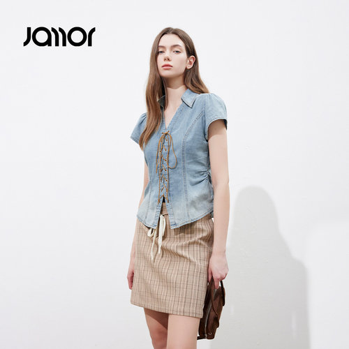 Jamor加墨V型小翻领绑带设计感牛仔短袖衬衫上衣女2026夏季新款