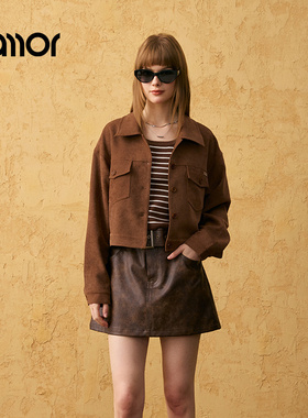 Jamor加墨时尚咖色短款外套上衣2025秋冬季新款