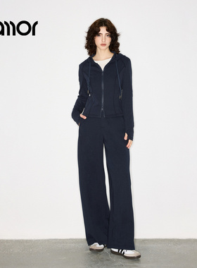 Jamor加墨简约高级收腰连帽卫衣直筒休闲裤子套装2025秋冬新款