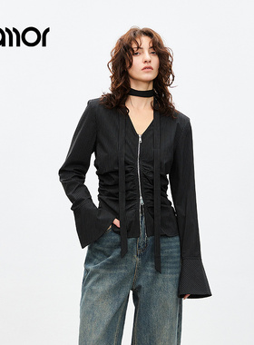 Jamor时尚V领拉链小衫2025春装新款个性高级感上衣加墨