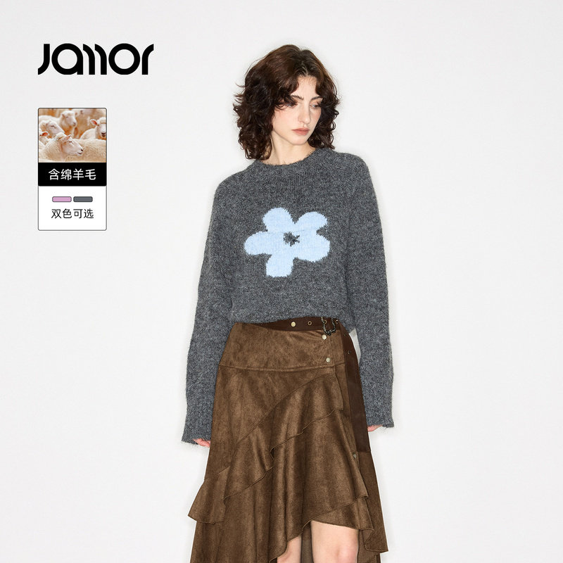 Jamor加墨时尚圆领大花朵简约毛针织衫毛衣紫色女上衣2025冬新