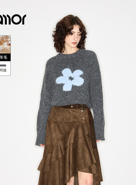 Jamor加墨时尚圆领大花朵简约毛针织衫毛衣紫色女上衣2025冬新