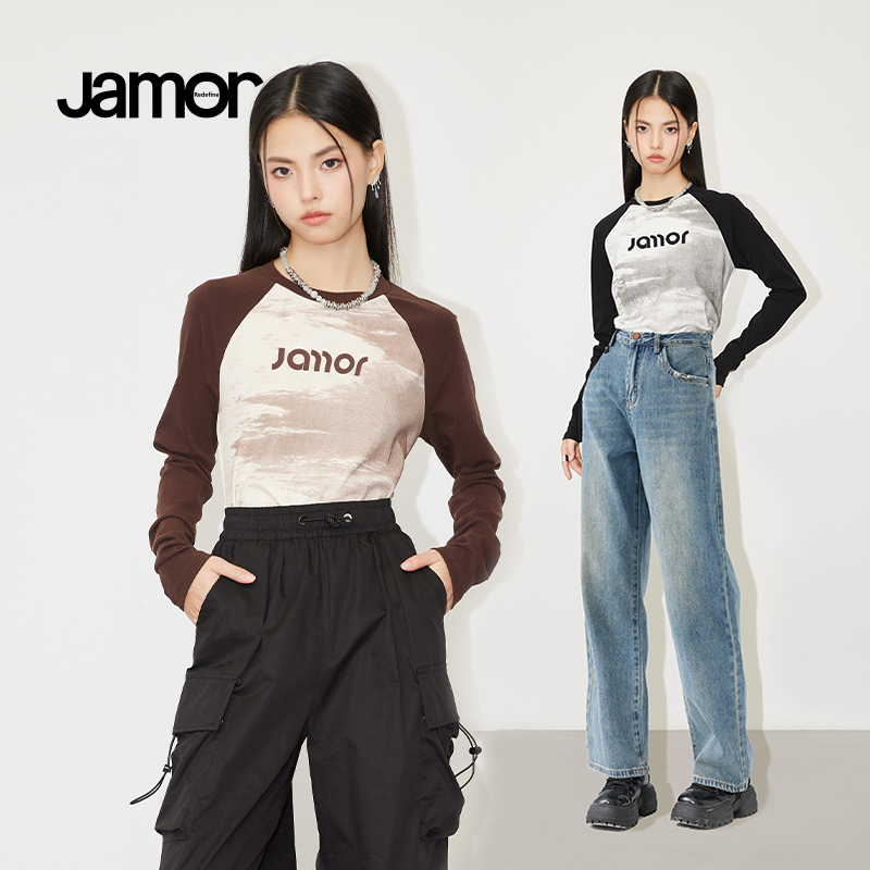 Jamor时尚拼接长袖T恤牛仔裤