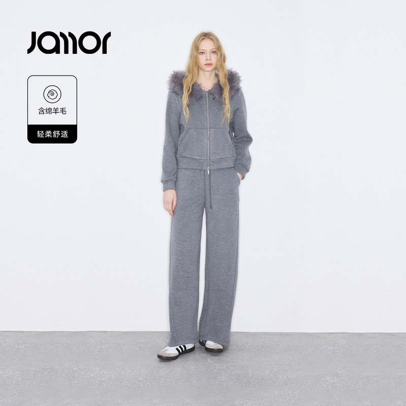 Jamor加墨可拆毛领连帽拉链卫衣上衣外套直筒裤两件套2025冬薄绒
