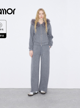【时尚系列】Jamor加墨可拆毛领连帽拉链卫衣上衣外套直筒裤两件