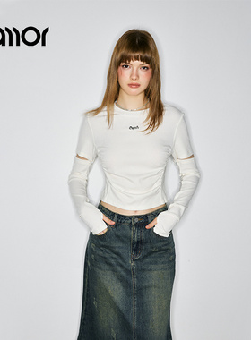 Jamor时尚设计感长袖T恤上衣2025秋冬季新款袖子可拆卸白色女装
