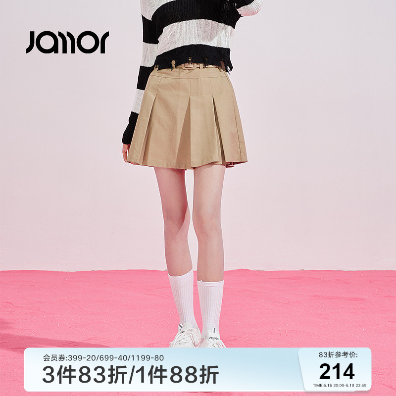 Jamor卡其附腰带半身裙女2024夏季新款学院风辣妹百褶裙 女装/女士精品 半身裙 原图主图