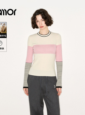 Jamor加墨时尚修身圆领针织衫撞色休闲上衣女士打底衫2025秋冬新