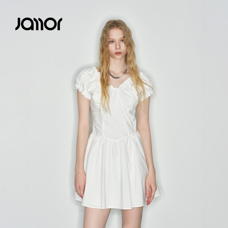 【设计师系列】Jamor加墨时尚白色短款连衣裙V领少女裙子2026夏季图片