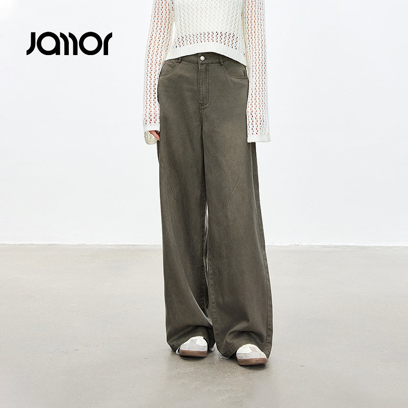 Jamor军绿直筒牛仔裤2026春季新款高腰显瘦时尚美式复古做旧长裤