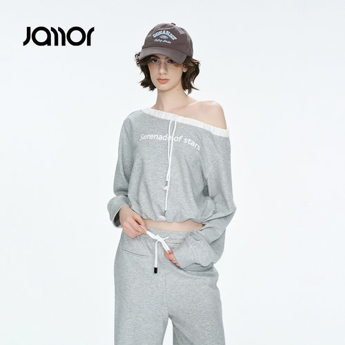 Jamor加墨时尚抽绳设计感一字肩休闲运动风卫衣女装上衣2026秋新
