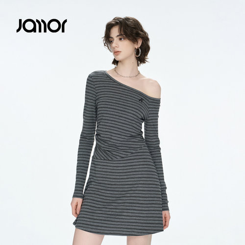 Jamor加墨经典条纹长袖连衣裙子斜肩设计感女裙中裙2026秋季新款