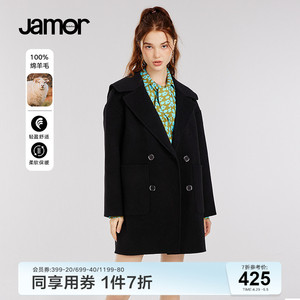 Jamor简约绵羊毛复古黑色呢大衣