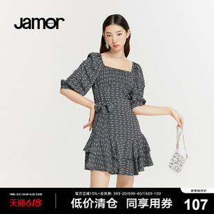 字母印花收腰显瘦裙子加末 Jamor时尚 方领连衣裙女春夏新款