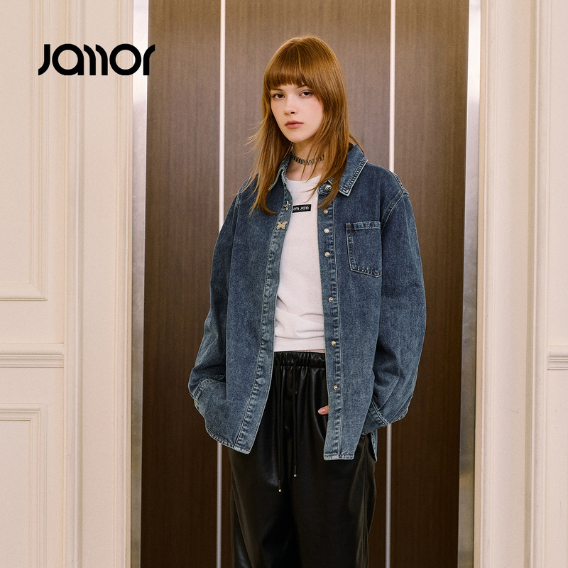 Jamor加墨时尚牛仔衬衫上衣帅气休闲水洗蓝2025秋冬新款