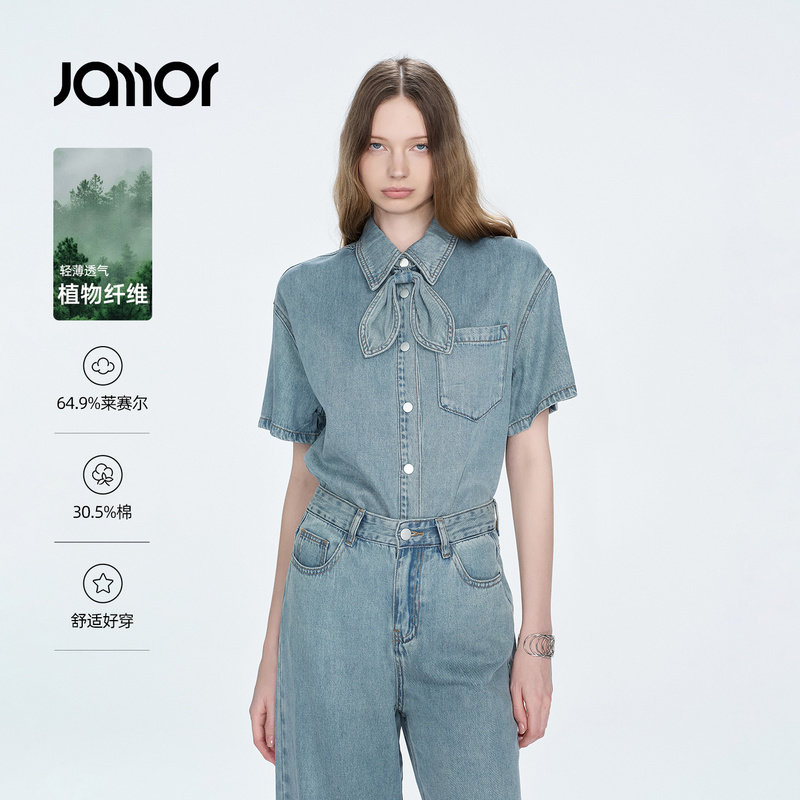 Jamor加墨时尚牛仔衬衫短袖上衣领结设计感女装2026夏季新款图片