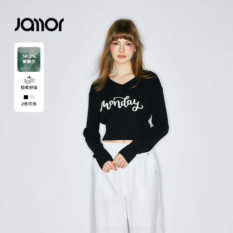 Jamor加墨时尚短款套头毛针织衫上衣毛衣V领2025秋冬季新款