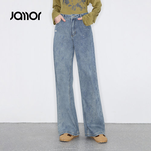Jamor加墨时尚直筒水洗牛仔裤带钻牛仔蓝显瘦裤子2026春季新款