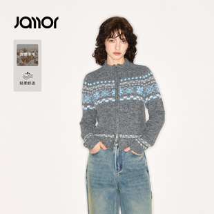 Jamor加墨时尚民族花纹费尔岛风双拉链毛衣针织衫2025冬新女上衣