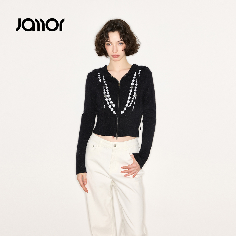Jamor加墨时尚连帽拉链针织开衫毛衣上衣2025秋冬新款简约