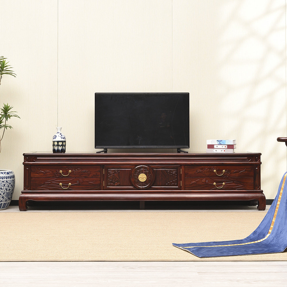 国标红木阔叶黄檀四抽电视柜印尼黑酸枝素面电视机柜中式红木家具