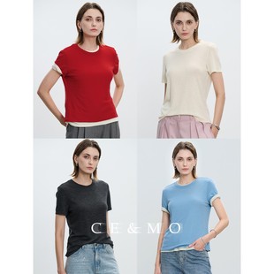 针织T恤女 CEMO早秋 18.5μm100S防缩羊毛 基础款 合身圆领短袖