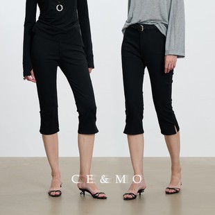 女 CEMO夏 莫代尔 薄款 简约高腰侧开叉弹力紧身休闲七分裤
