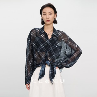 女 CEMO春夏 特殊十字格纹 宽松简约清凉透视防晒长袖 衬衫